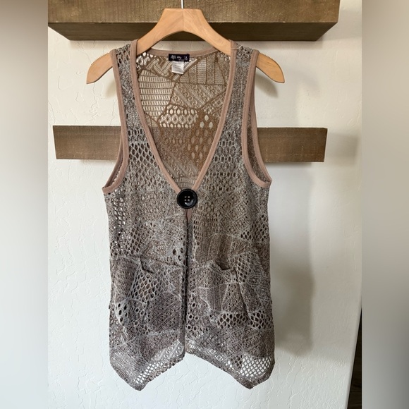 Lily|Tan neutral knit cardigan vest,boho lagenlook style•••asymmetrical artsy - Picture 1 of 8